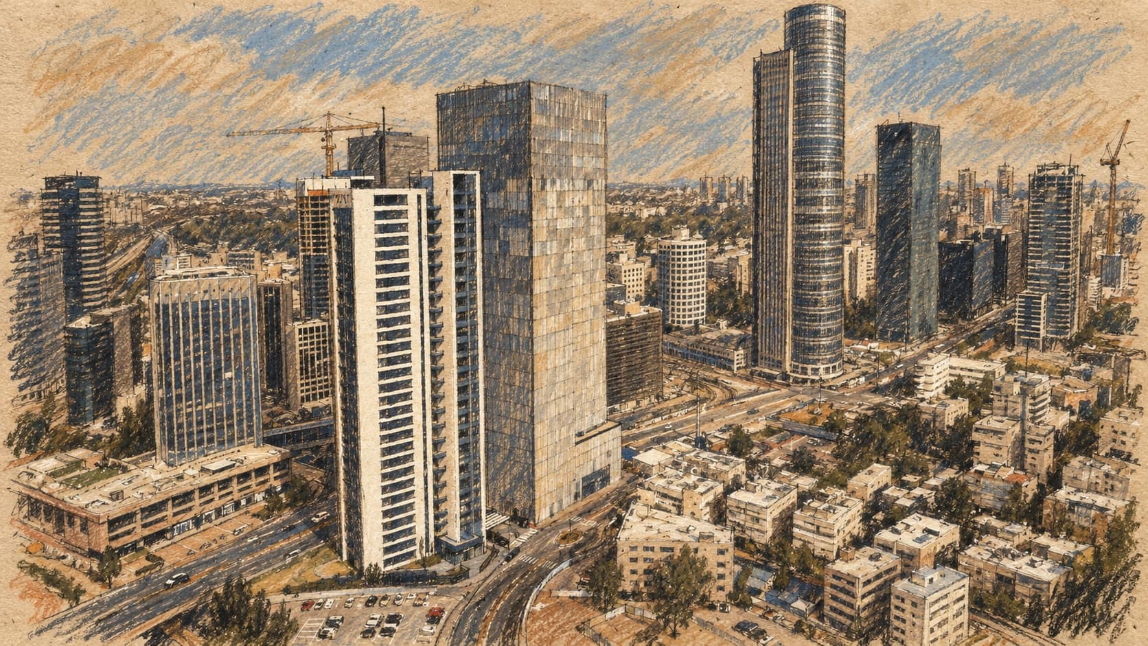 Courtroom-sketch editorial illustration of Ramat Gan's Diamond Exchange District skyline with office towers and curving roads