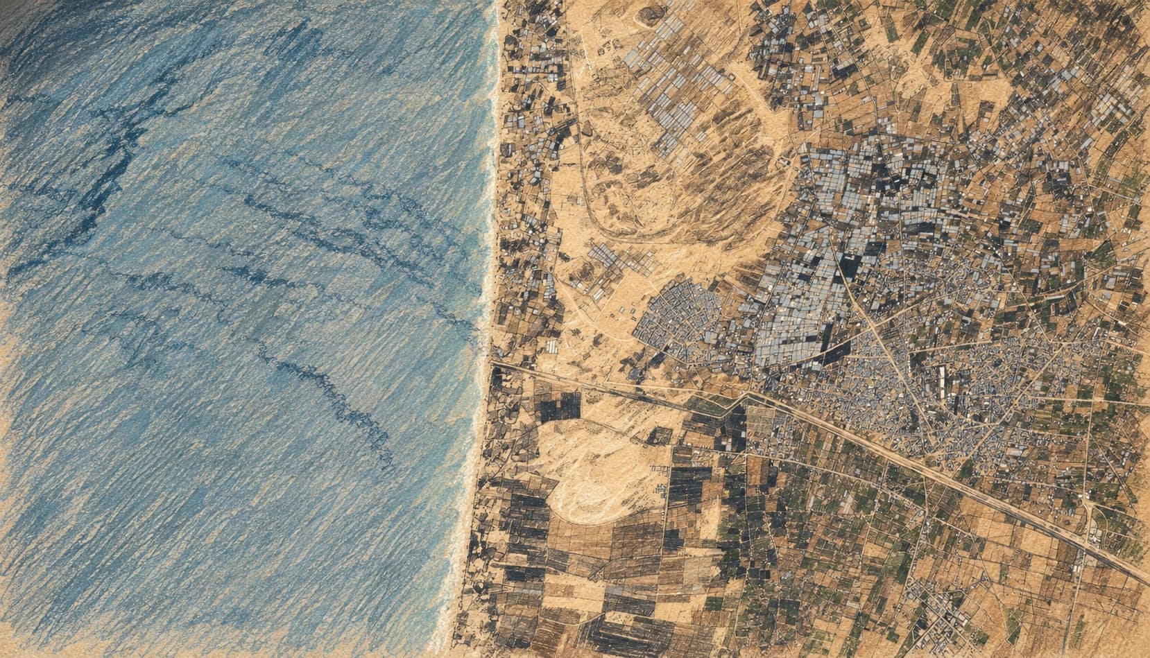 Courtroom-sketch editorial illustration based on an archival 2007 overhead view of Rafah and the southern Gaza Strip coastline, with the Mediterranean Sea, fields, roads and buildings