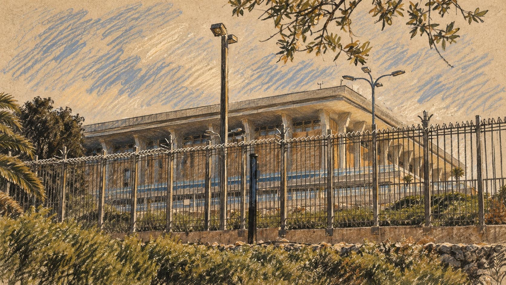 Courtroom-sketch editorial illustration of an archival Knesset exterior behind a fence and shrubs, providing institutional context for Cohen’s coalition criticism