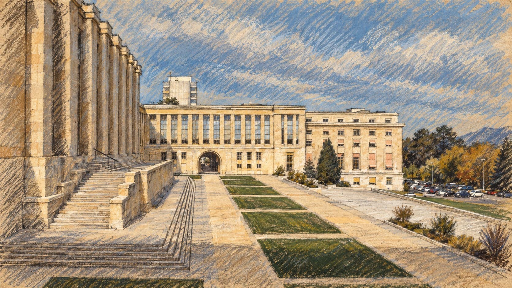 Courtroom-sketch editorial illustration of the Palais des Nations courtyard in Geneva, with a colonnaded wing, broad stone steps and rectangular lawns; an archival institutional setting for Israel’s UN mission.