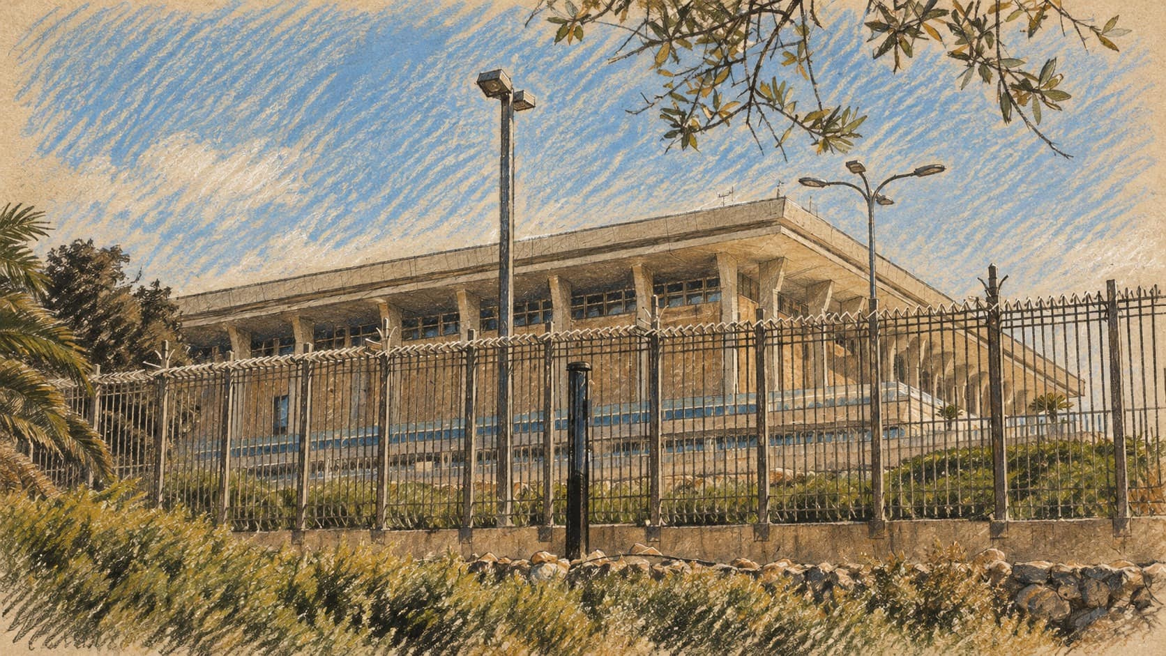 Courtroom-sketch editorial illustration of an archival exterior view of the Knesset building in Jerusalem behind a fence, lamps and foliage; institutional context for Efrat Rayten’s statement, not a depiction of the alleged attack.