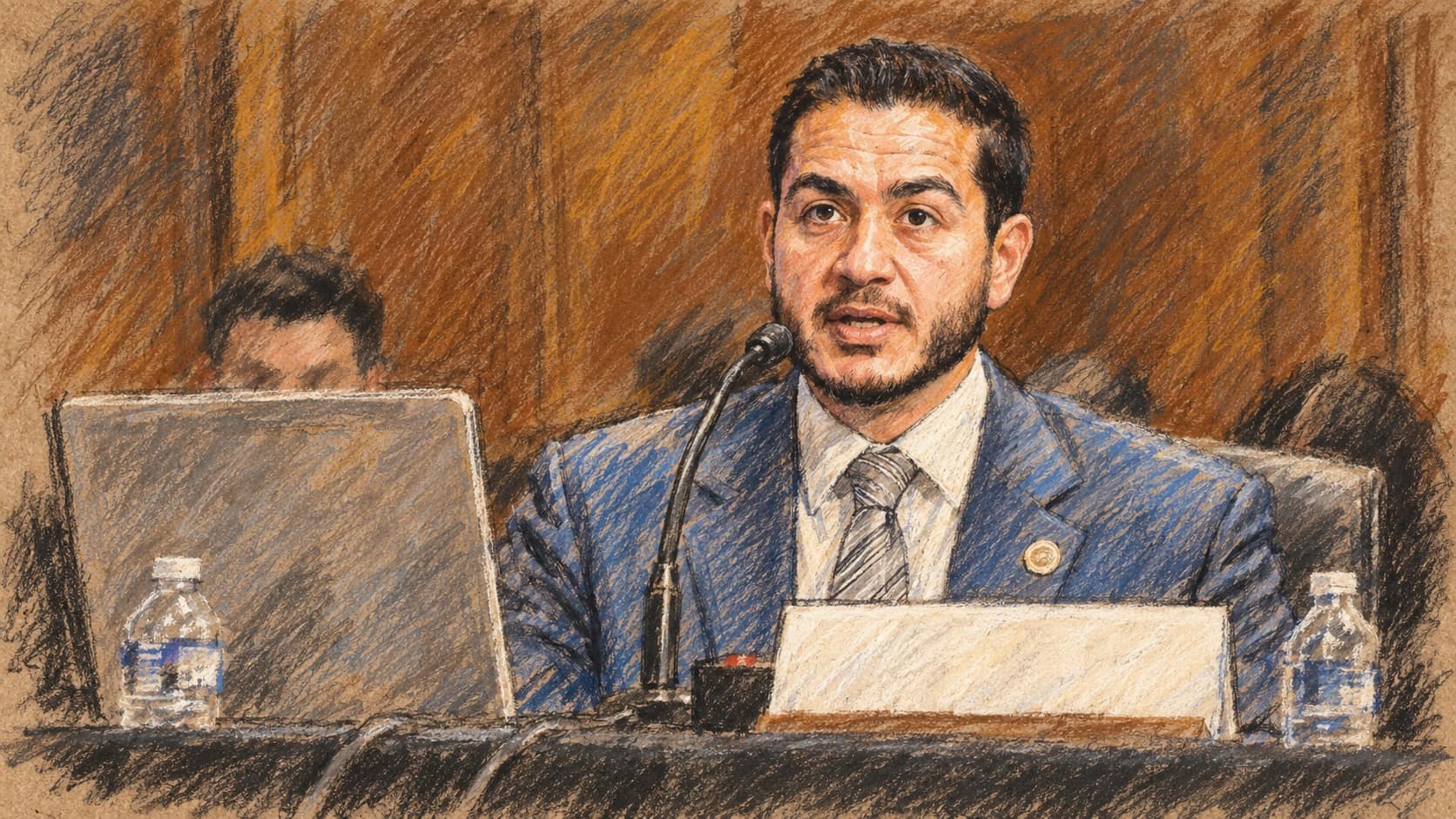 Courtroom-sketch editorial illustration of Abdul El-Sayed speaking at a congressional hearing table, based on archival July 2024 Senate testimony