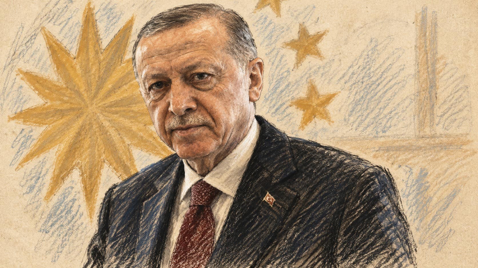 Courtroom-sketch editorial illustration of an archival 2024 portrait of Recep Tayyip Erdoğan in a dark suit and red tie, used as context for his October 2026 remarks.