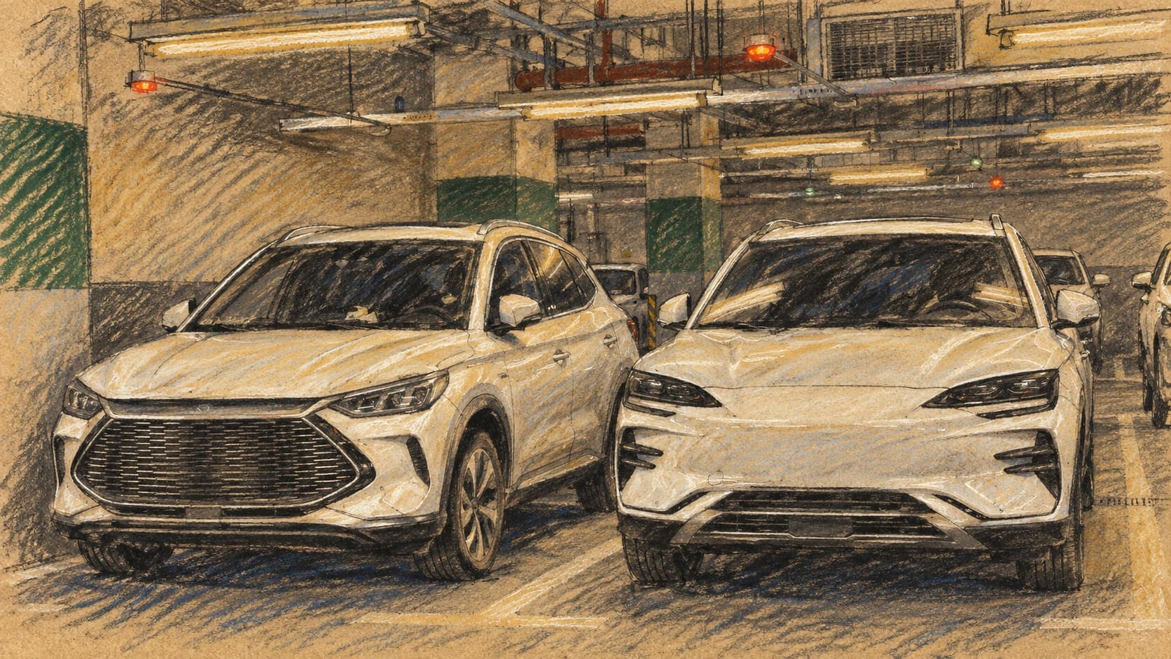 Courtroom-sketch editorial illustration of two BYD Song Plus SUVs, including a DM-i plug-in hybrid, parked in an underground garage in an archival January 2024 photograph; vehicle context for EU–China trade discussions, not the October 2026 talks or export shipments, rendered in warm ochre and slate-blue pastel strokes.