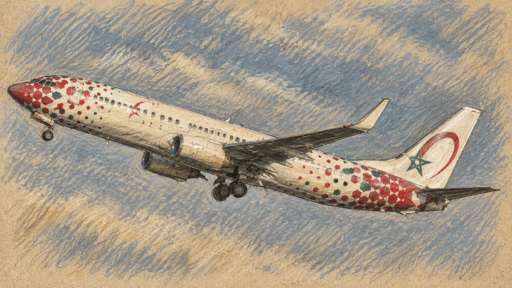 Courtroom-sketch editorial illustration of a passenger jet rising through a blue-gray sky with its landing gear extended, providing general air-travel context.
