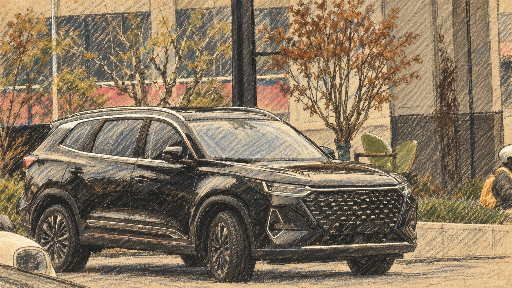 Courtroom-sketch editorial illustration of an archival Chery Tiggo 8 Pro SUV parked outside a glass-fronted building, shown as vehicle context for the Austria sales report.