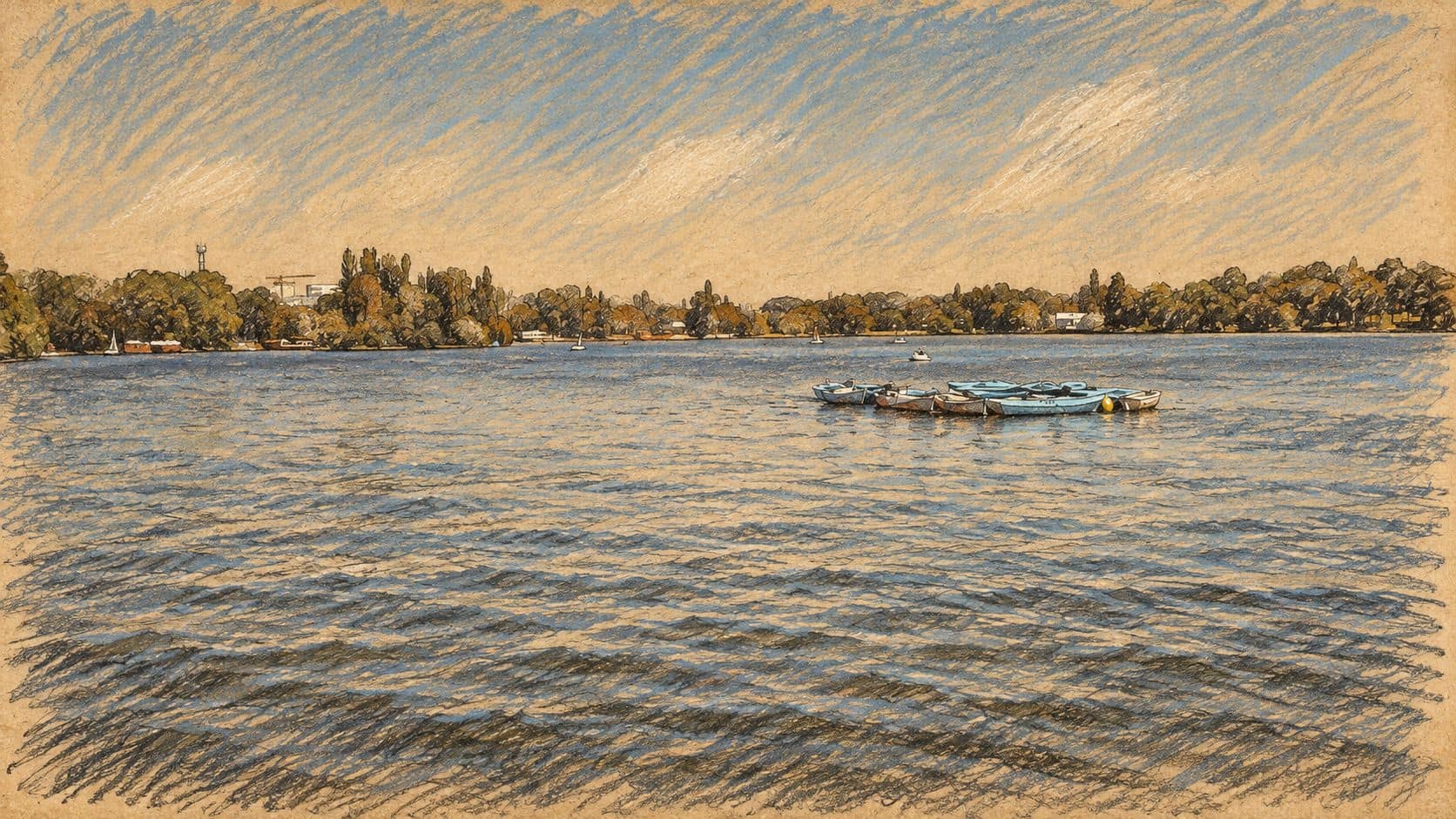 Courtroom-sketch editorial illustration of Lake Herastrau, small boats and a tree-lined shore in an archival Bucharest view, providing location context for Hagag Europe's property investment.