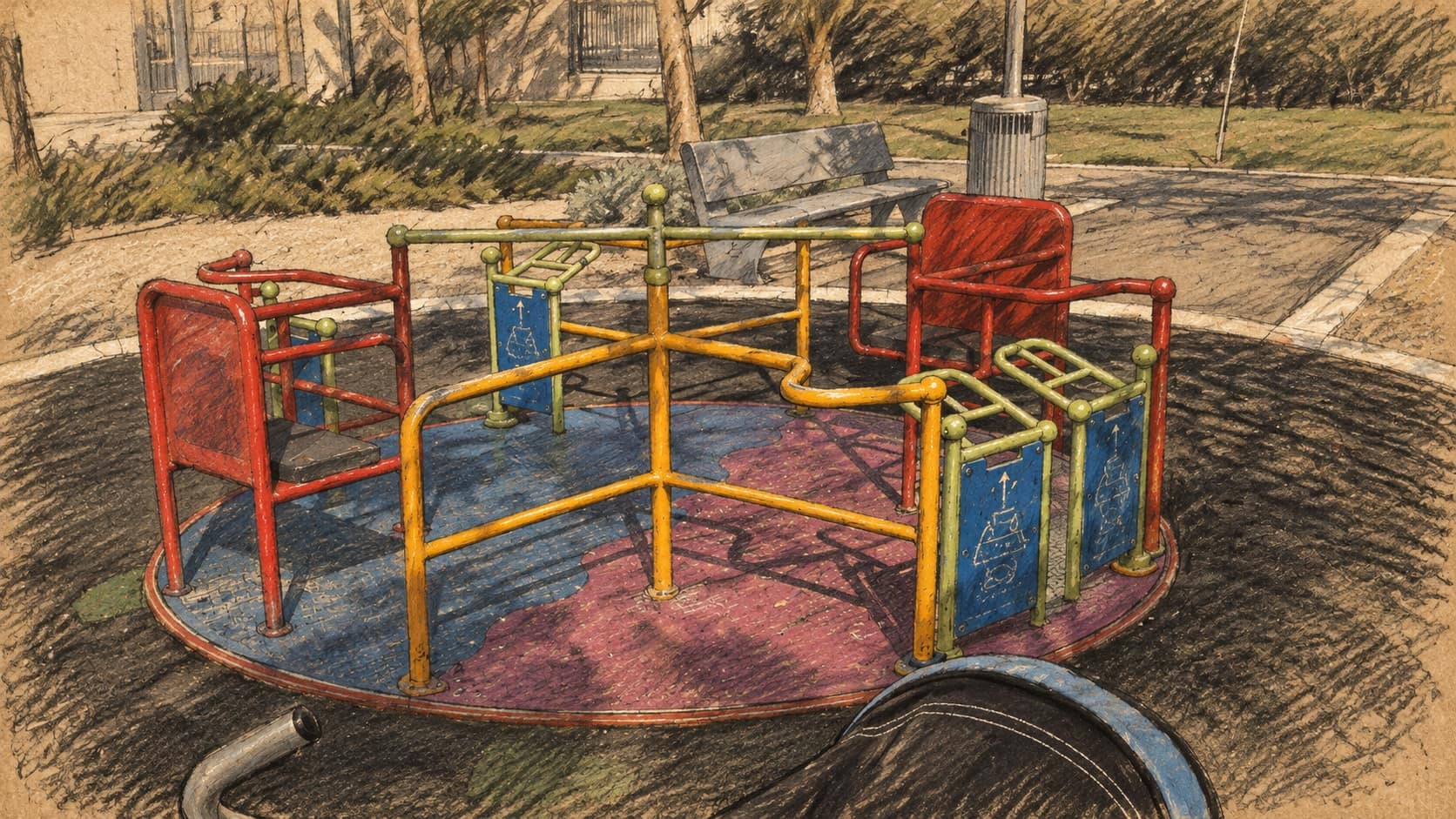 Courtroom-sketch editorial illustration of an archival Israeli playground roundabout and a park bench in Beersheba, used as context for public park improvements.