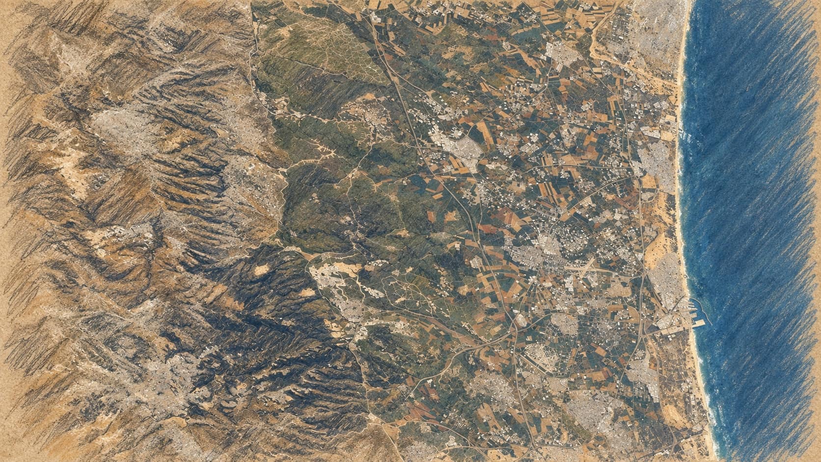 Courtroom-sketch editorial illustration of an archival 2020 overhead view of the Gaza Strip and adjacent Israeli coastal landscape, with the Mediterranean Sea, towns, fields and inland hills; geographic context for the reported strikes.