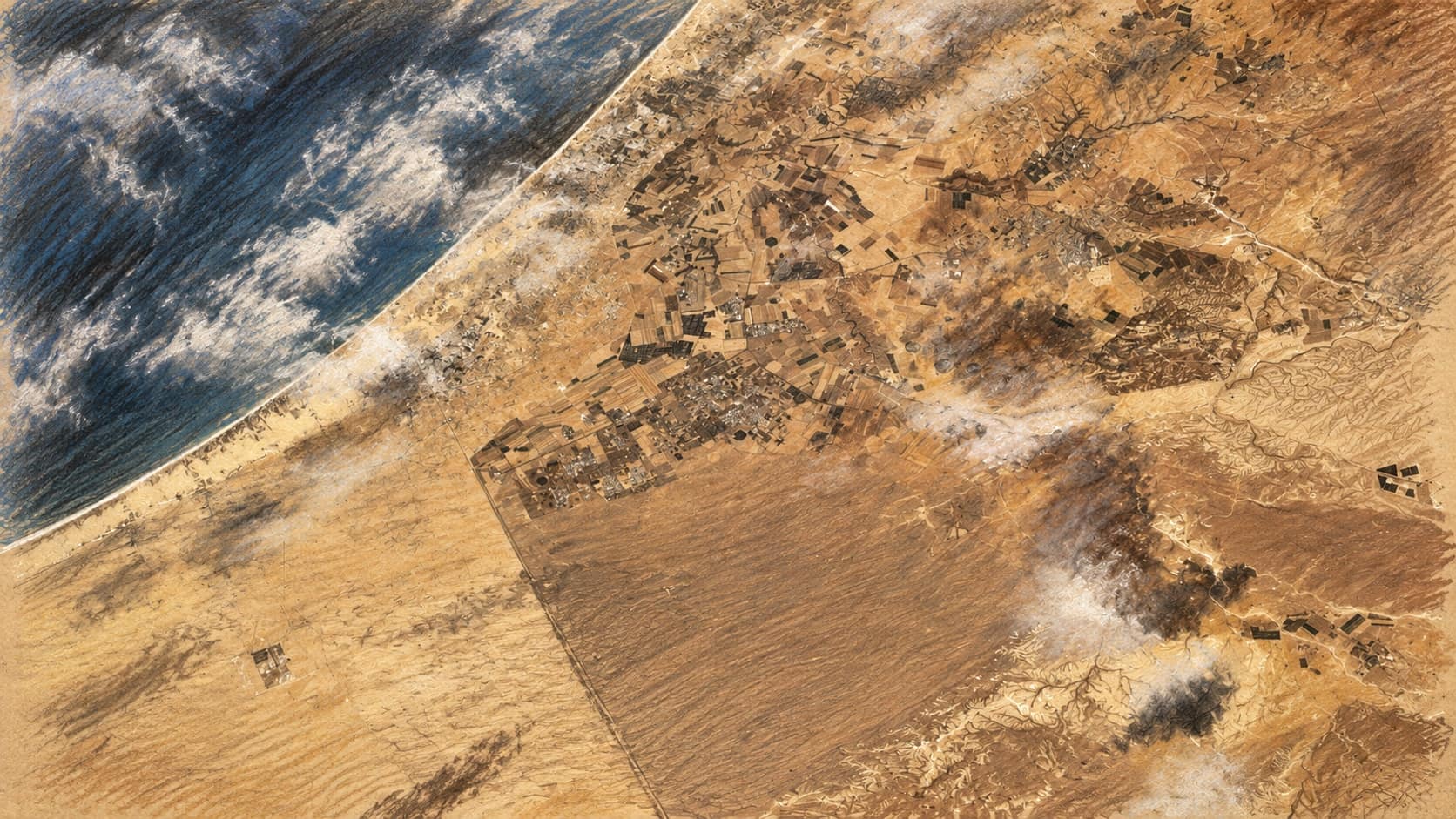 Courtroom-sketch editorial illustration of an archival 1995 orbital view of Gaza coastal terrain, the Mediterranean Sea and Israeli farmland; geographic context, not a depiction of the October 2026 incident or Yellow Line.