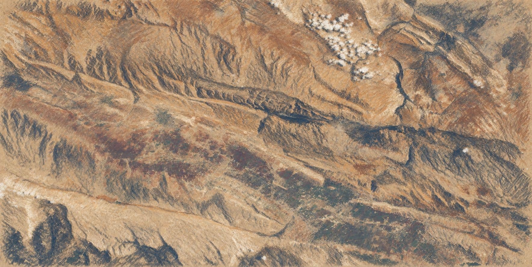 Courtroom-sketch editorial illustration of the Beqaa Valley and Anti-Lebanon mountain region viewed from above in an archival terrain photograph.