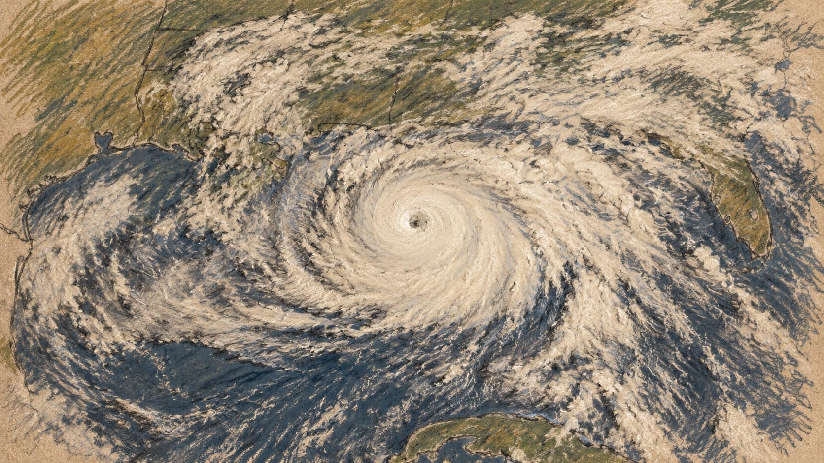 Courtroom-sketch editorial illustration of an archival August 2021 satellite view of Hurricane Ida over the Gulf of Mexico, with its eye and spiral clouds below the U.S. coast and above western Cuba; geographic hurricane context, not a depiction of Isaias in October 2026, rendered in warm ochre and slate-blue pastel strokes.