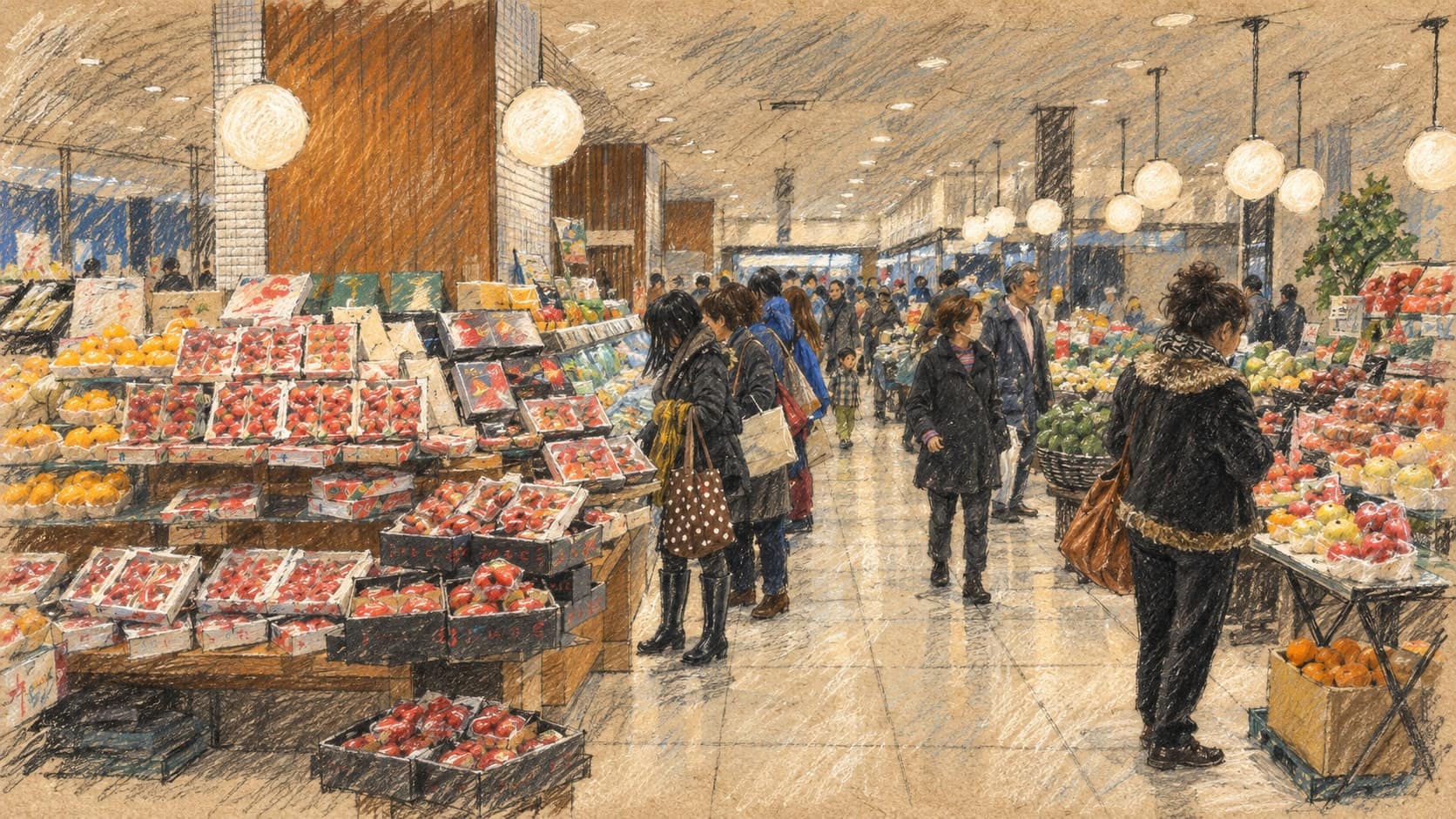 Courtroom-sketch editorial illustration of shoppers browsing produce displays in a Tokyo grocery store in an archival February 2014 scene, with pendant lights above the aisle; contextual household-consumption artwork, not a depiction of August 2026 survey respondents, rendered in warm ochre and slate-blue pastel strokes.