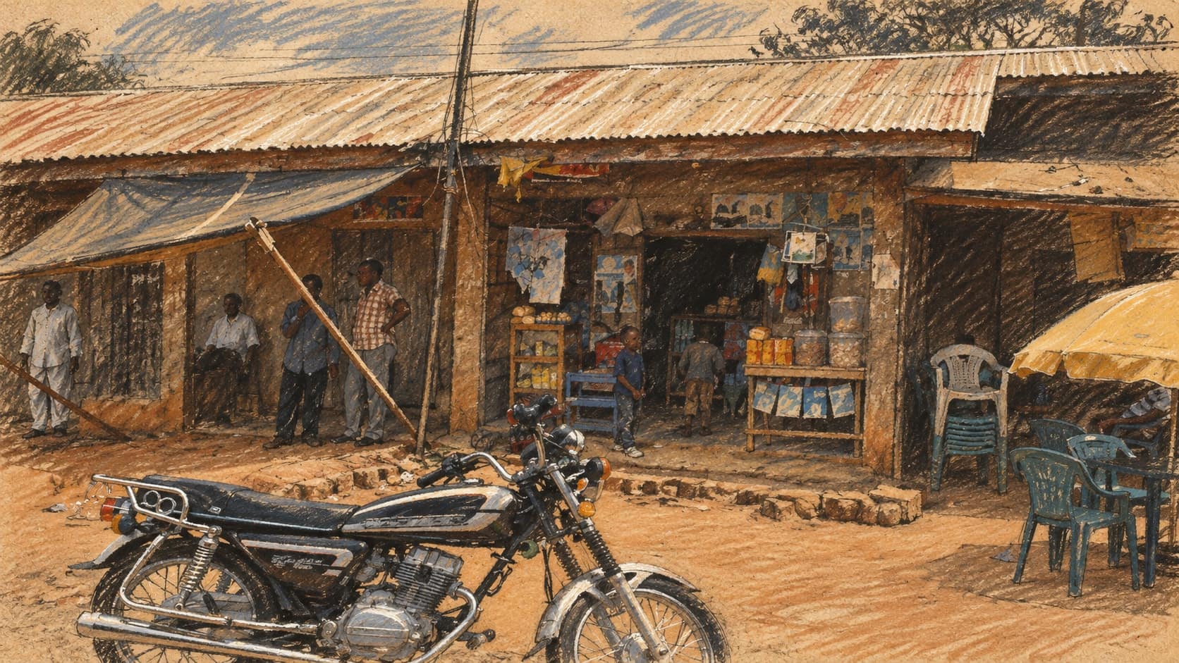 Courtroom-sketch editorial illustration of an archival March 2008 Owerri streetscape with a motorcycle, corrugated-roof shops, people and chairs beside an umbrella; geographic context for the city served by Sam Mbakwe airport, not the airport or October 2026 runway works, rendered in warm ochre and slate-blue pastel strokes.