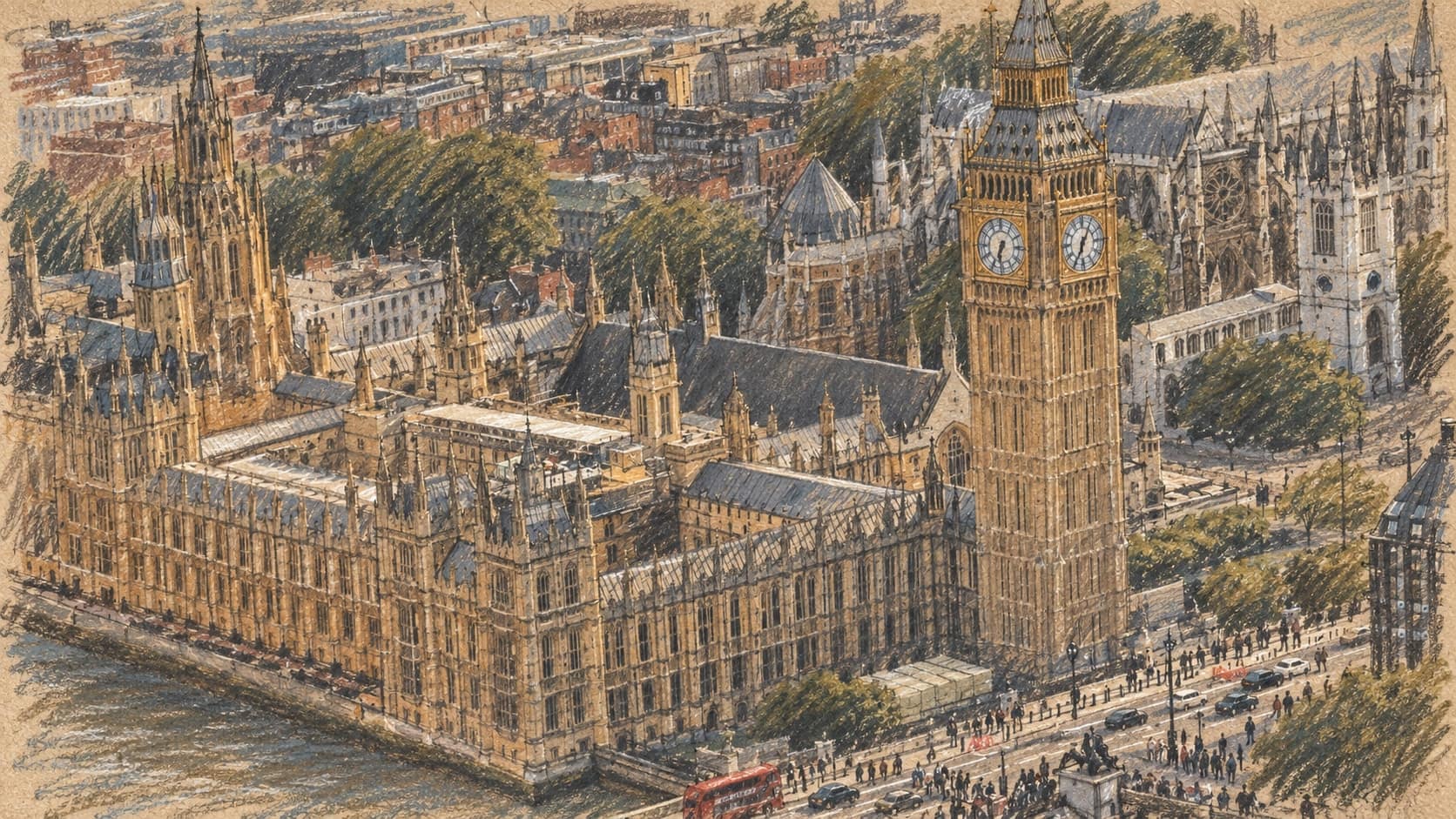 Courtroom-sketch editorial illustration of an archival July 2023 elevated view of the Palace of Westminster and Elizabeth Tower beside the Thames, with surrounding London buildings, trees and the riverside road; parliamentary context, not a depiction of the October 2026 by-election count, rendered in warm ochre and slate-blue pastel strokes.