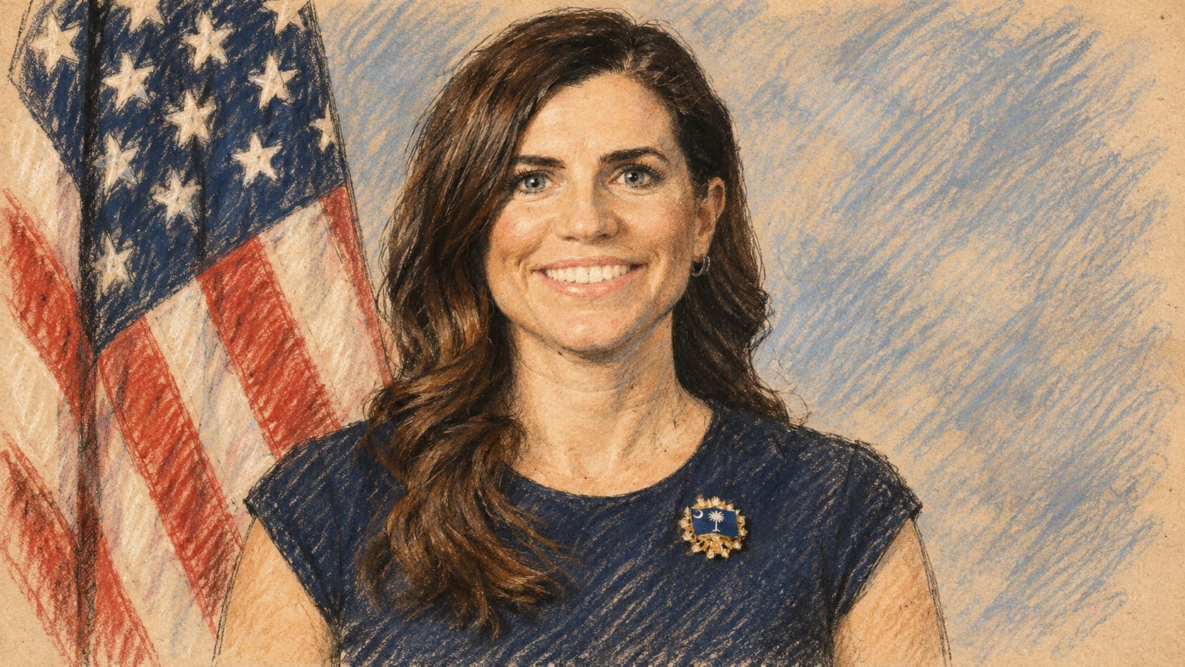 Courtroom-sketch editorial illustration of Nancy Mace in an archival formal portrait with the United States flag at left, providing context for her criticism of Mamdani.