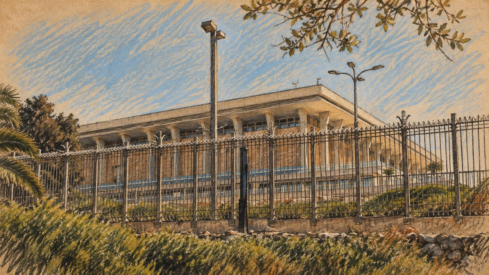 Courtroom-sketch editorial illustration of the Knesset exterior in Jerusalem, viewed behind an iron fence with hedges, lamp posts and overhead branches, used as archival context for Ben-Ari’s demand for a state inquiry.