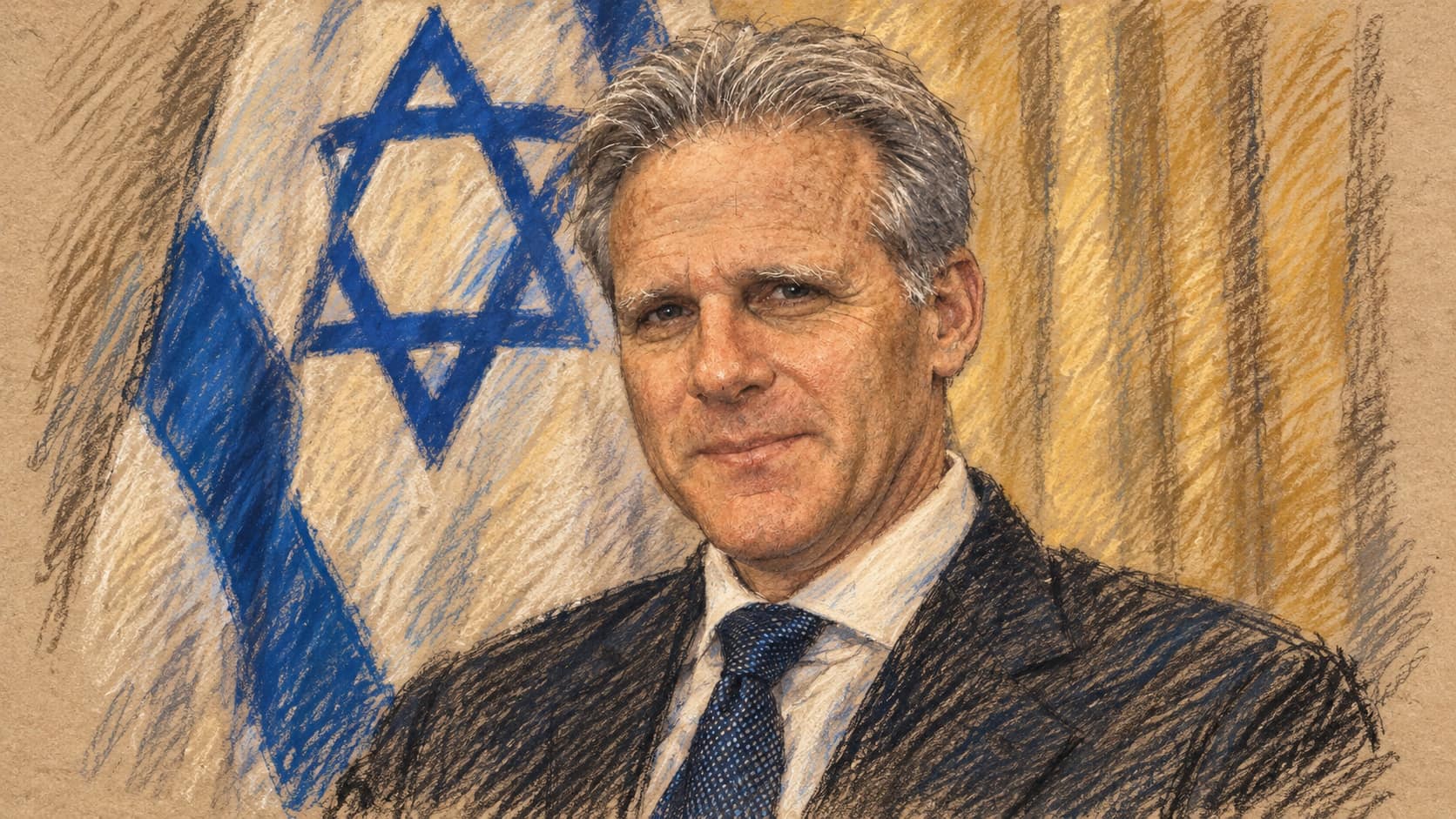 Courtroom-sketch editorial illustration based on an archival 2009 formal portrait of Michael Oren in a dark suit and blue tie, with an Israeli flag behind him; contextual portrait rather than the reported statement.