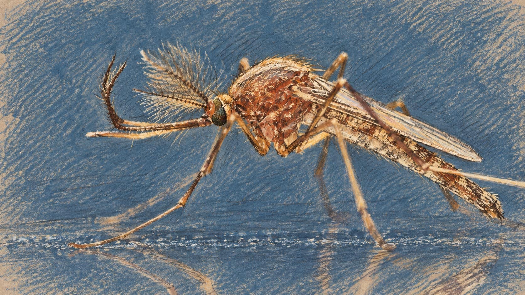 Courtroom-sketch editorial illustration of an archival male Culex pipiens mosquito resting on a blue reflective surface; contextual mosquito imagery rather than the infected female mosquitoes detected in Israel.