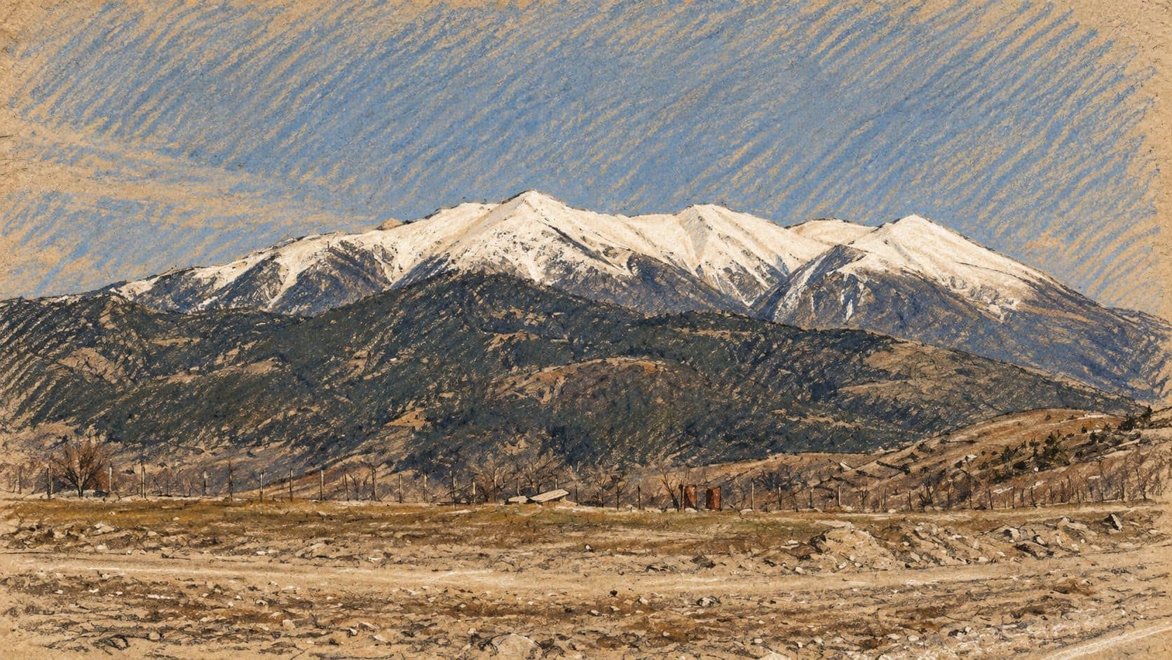 Courtroom-sketch editorial illustration of an archival west-northwest view of Mount Olympus in Greece, with a snow-capped ridge above forested slopes and a rocky foreground; contextual landscape, not the October 2026 search scene.