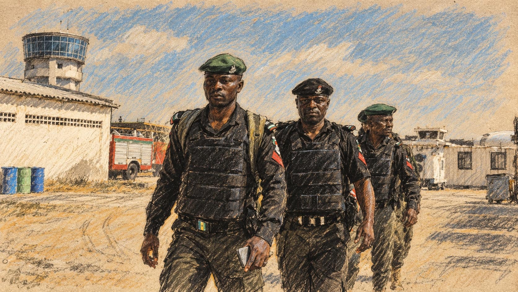 Courtroom-sketch editorial illustration of three Nigerian police officers walking outside Mogadishu airport in January 2016; archival policing context, not the October 2026 Senate announcement or proposed state police, rendered in warm ochre and slate-blue pastel strokes.