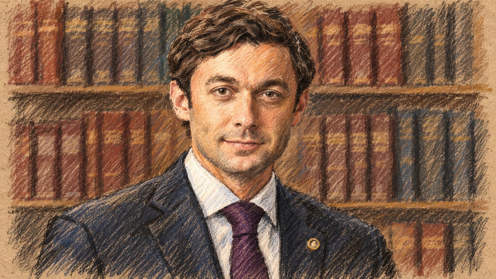 Courtroom-sketch editorial illustration of Jon Ossoff in a suit before bookshelves, based on his archival 2021 official Senate portrait; contextual artwork, not a depiction of the 2026 debate.