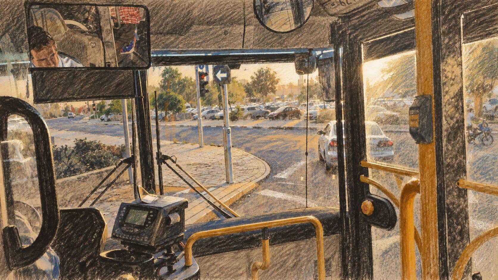 Courtroom-sketch editorial illustration of an archival 2015 view from inside an Israeli city bus, with fare equipment, yellow handrails and a street visible through the windshield; contextual public transport scene.