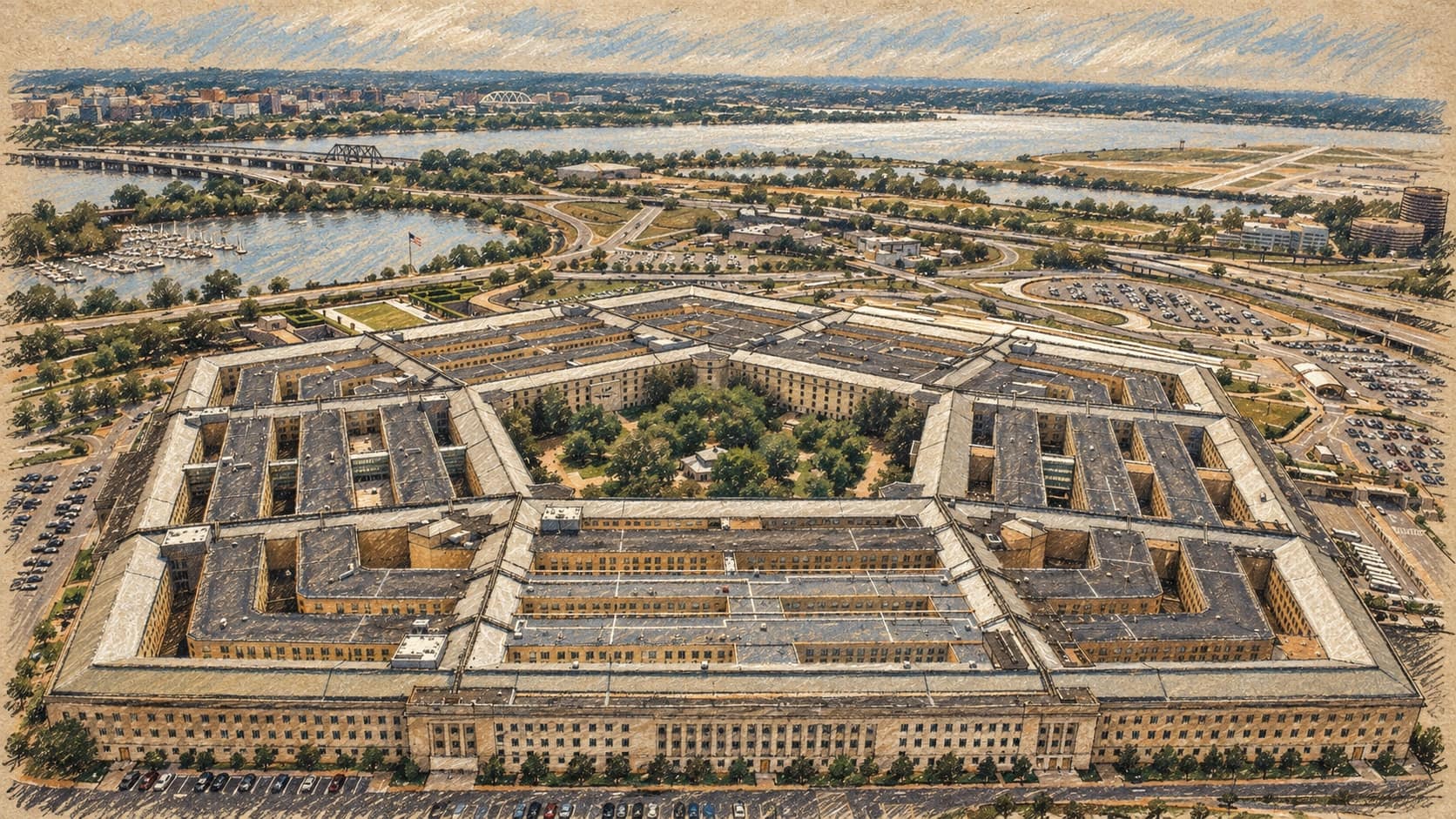 Courtroom-sketch editorial illustration of the Pentagon and its central courtyard in an archival aerial view from May 11, 2021.