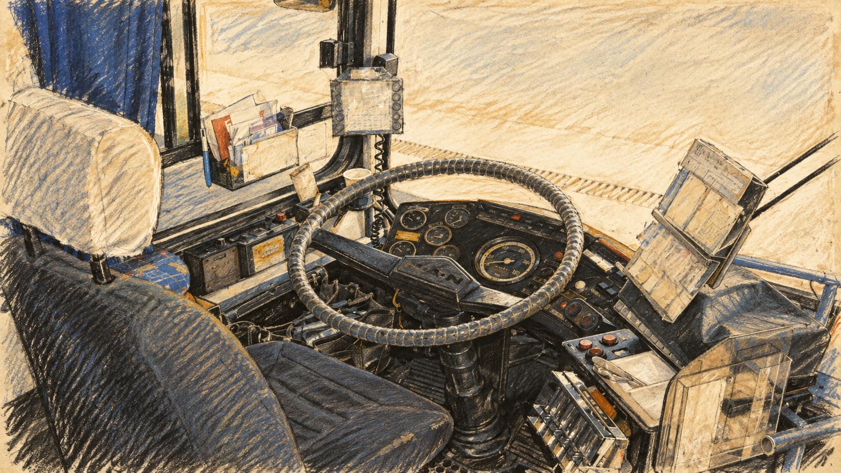 Courtroom-sketch editorial illustration of an empty Israeli bus driver's compartment with a steering wheel, analog gauges and ticketing equipment, based on an archival 2004 photograph; public-transport context rather than a depiction of Highway 40 or the announced lane schedule.
