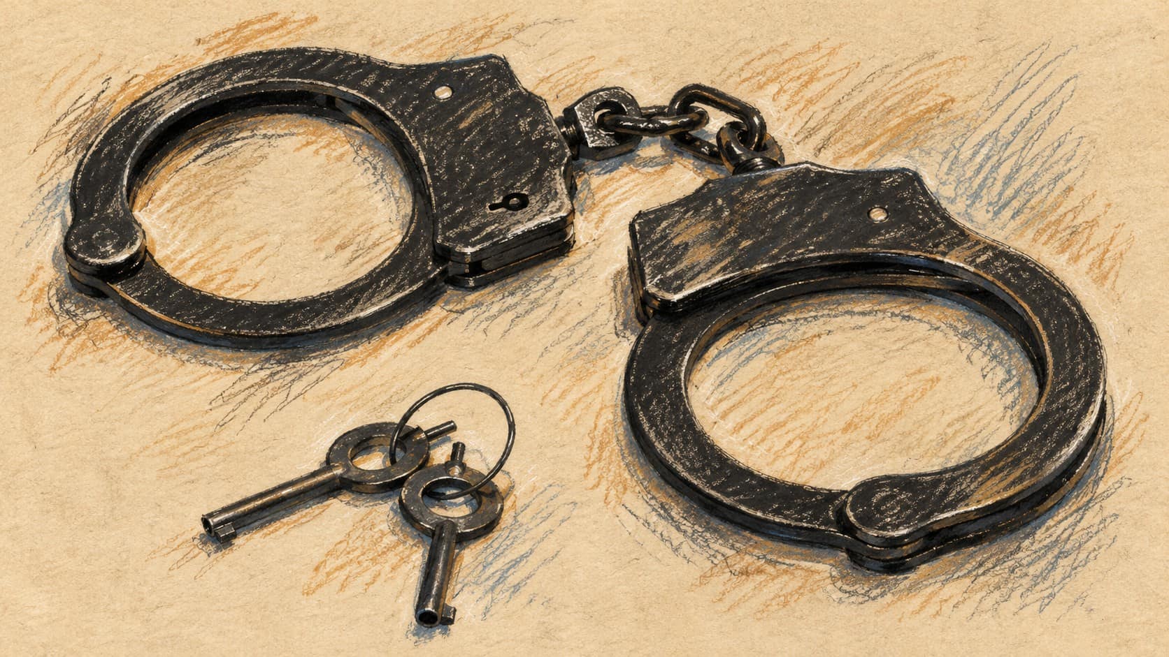 Courtroom-sketch editorial illustration of a pair of black chain-linked handcuffs and two keys on a plain background, used as contextual imagery.