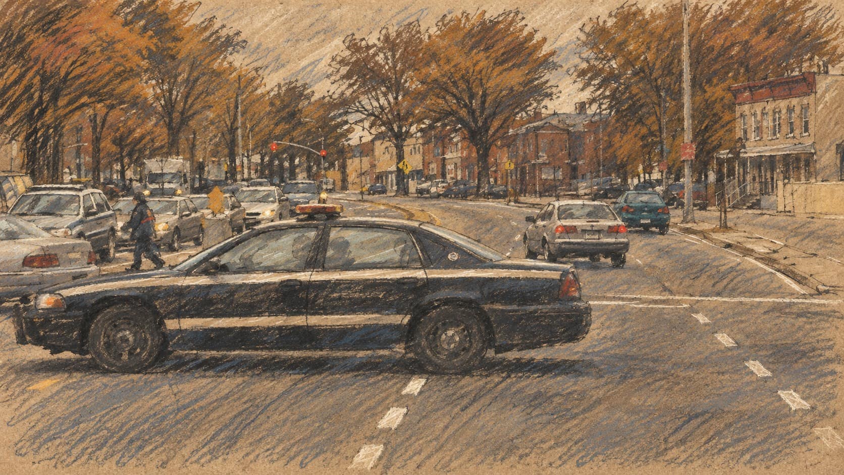 Courtroom-sketch editorial illustration of an archival New York City school-safety police car on a city street; contextual scene, not the October 2026 Brooklyn response