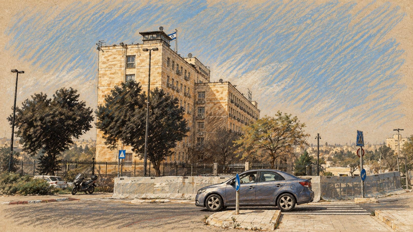 Courtroom-sketch editorial illustration of the Prime Minister's Office exterior in Jerusalem, based on an archival March 2018 photograph, with stone buildings, roadside trees and a silver-blue sedan.
