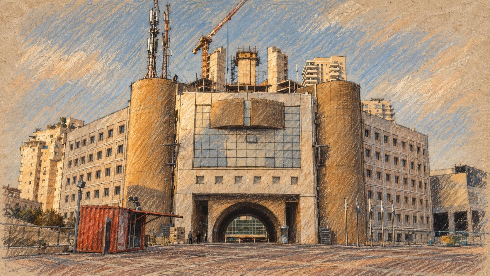Courtroom-sketch editorial illustration of Ashdod city hall across its plaza, based on an archival October 2023 photograph; contextual municipal view rather than the reported power fault or traffic response.
