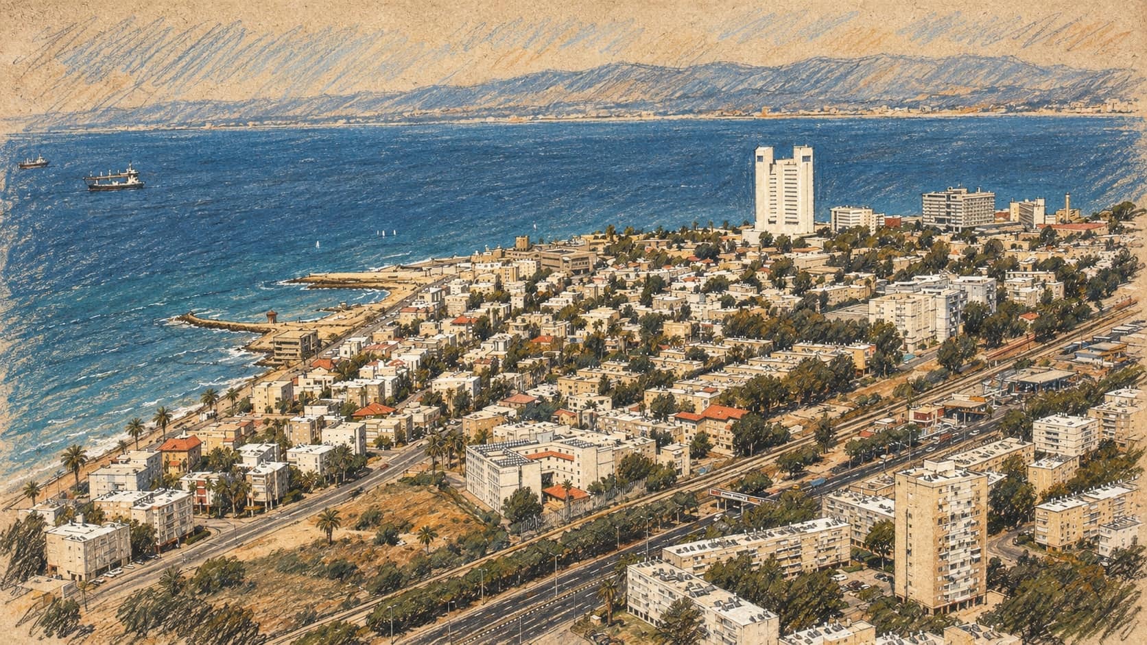 Courtroom-sketch editorial illustration of an archival view of Bat Galim in Haifa, including Rambam Medical Center beside the Mediterranean Sea