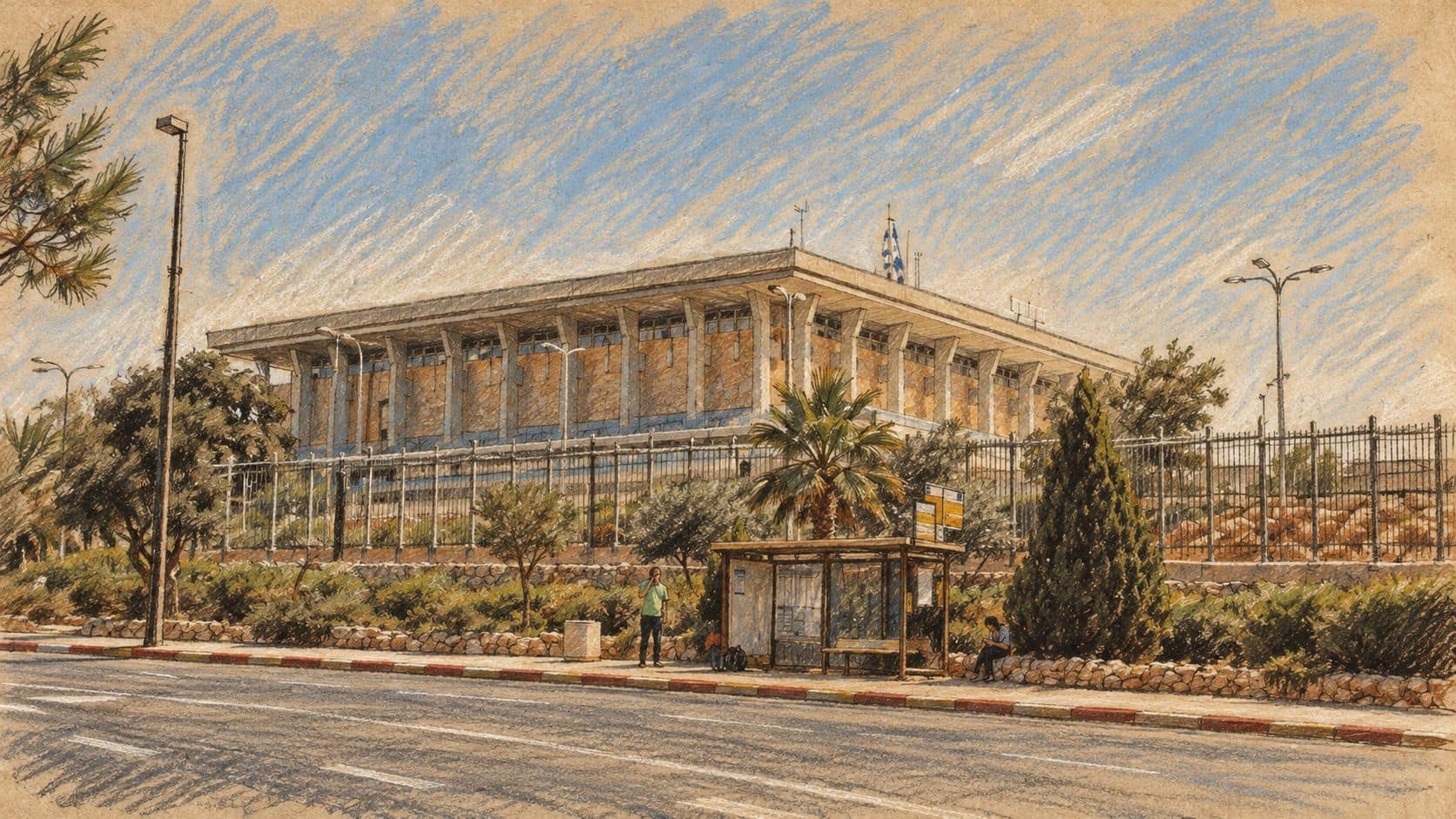 Courtroom-sketch editorial illustration of the Knesset building across a street, based on an archival institutional photograph; contextual artwork, not the campaign statement.