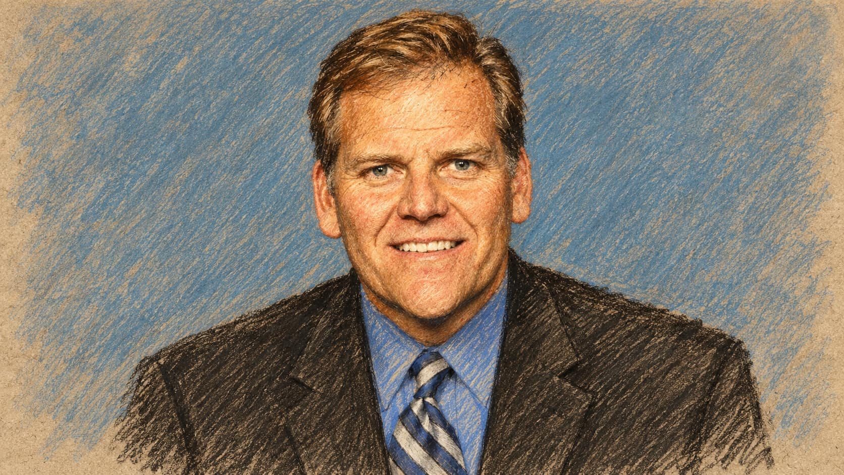 Courtroom-sketch editorial illustration of an archival portrait of Michigan politician Mike Rogers in a suit against a plain blue background