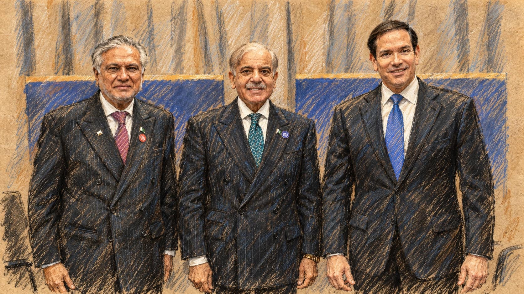Courtroom-sketch editorial illustration of an archival February 19, 2026 Washington portrait of Shehbaz Sharif standing between Ishaq Dar and Marco Rubio in dark suits before curtains; actor context, not a depiction of the October 9 statement or airport attacks, rendered in warm ochre and slate-blue pastel strokes.