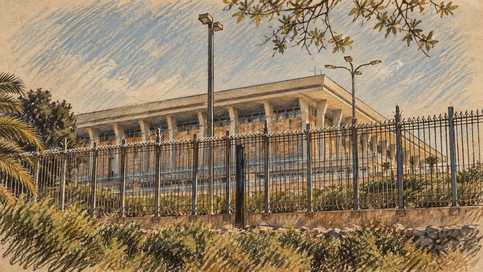 Courtroom-sketch editorial illustration of the Knesset building and its exterior fence in Jerusalem, based on an archival 2018 photograph; institutional context, not a depiction of the reported attacks