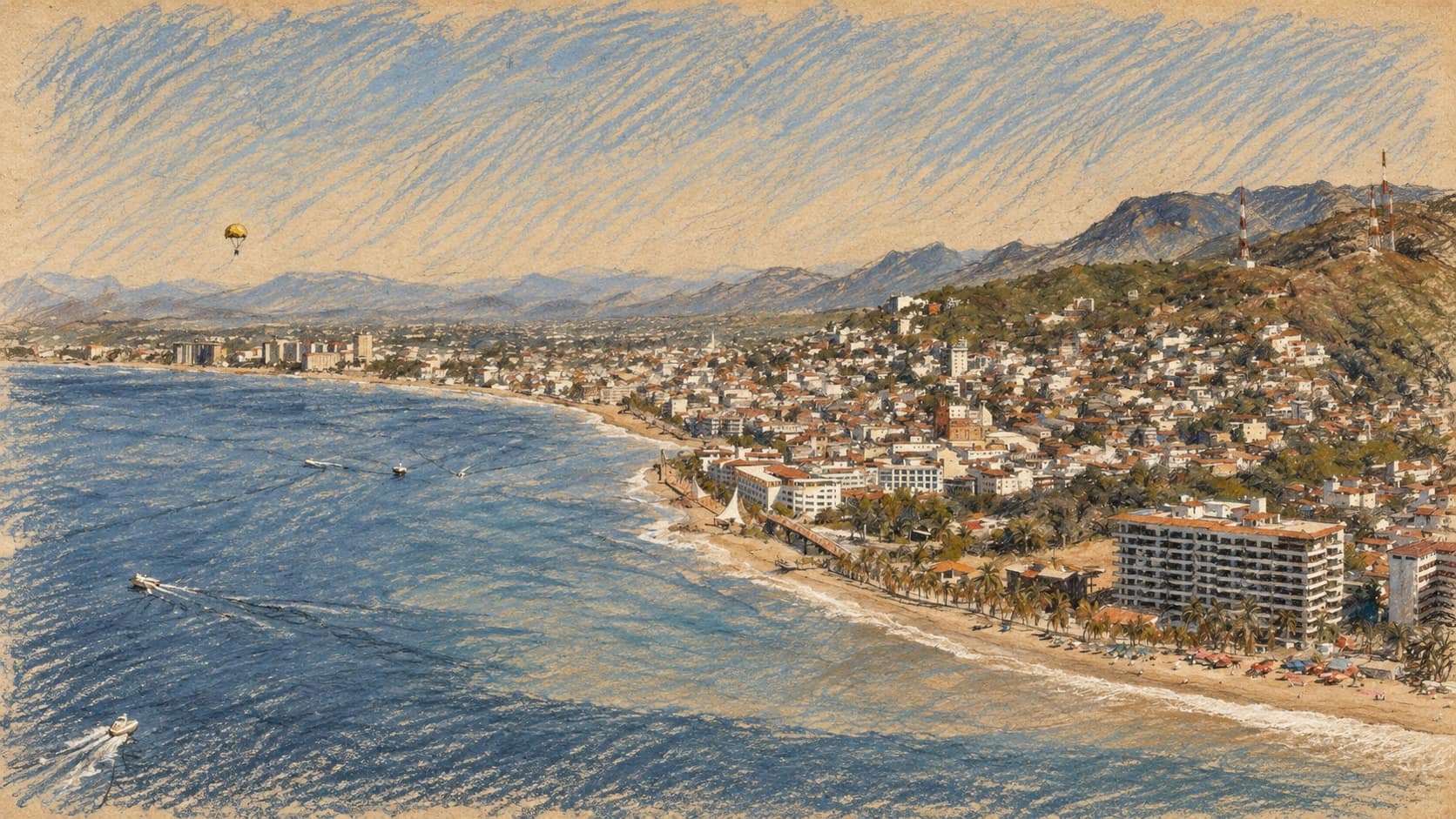 Courtroom-sketch editorial illustration of an archival December 2006 aerial view of Puerto Vallarta, Mexico, with a curving beach and bay beside coastal hotels and hillside city buildings; coastal context, not a depiction of Hurricane Simon or current conditions, rendered in warm ochre and slate-blue pastel strokes.