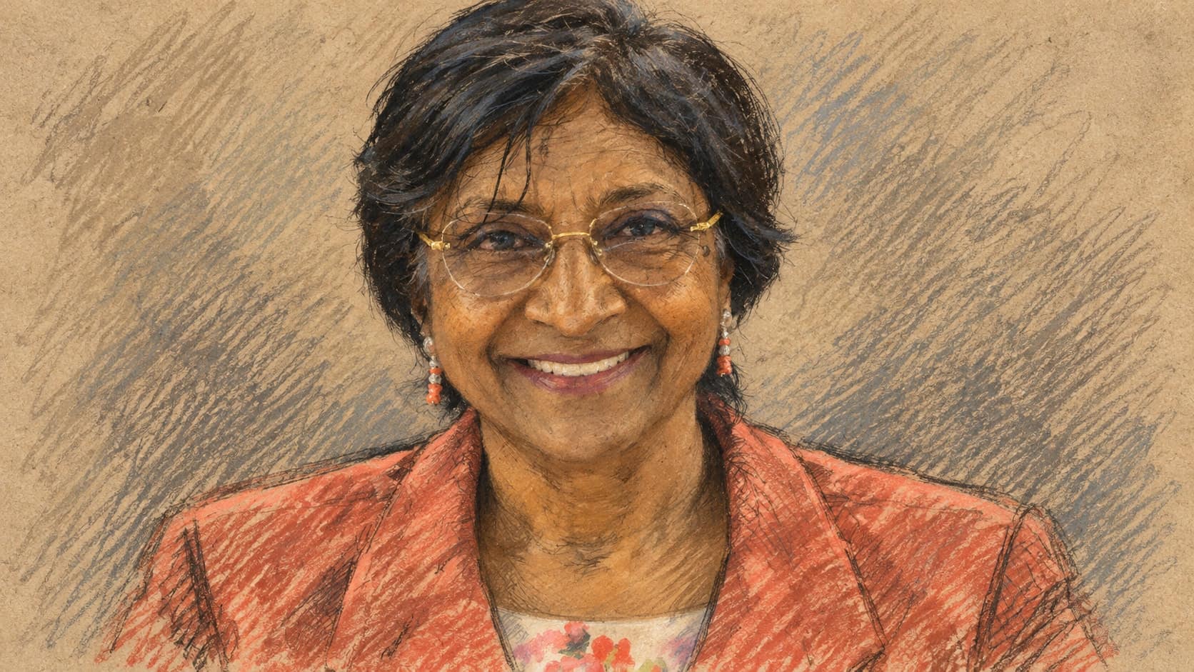Courtroom-sketch editorial illustration of Navi Pillay smiling in gold-framed glasses, a coral jacket and dangling earrings, based on an archival June 2014 portrait; contextual portrait, not a depiction of the 2026 Nobel announcement, rendered in warm ochre and slate-blue pastel strokes.