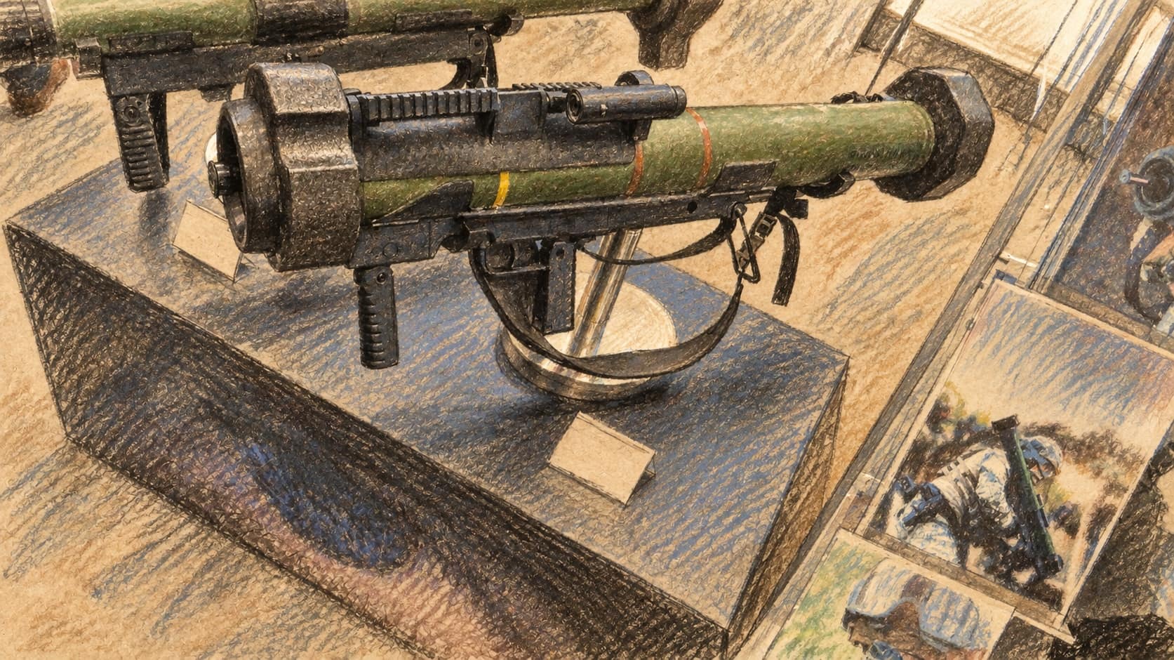 Courtroom-sketch editorial illustration of an archival RGW90 launcher on an exhibition stand, shown as contextual weapon imagery rather than the recovered weapon or the current investigation.