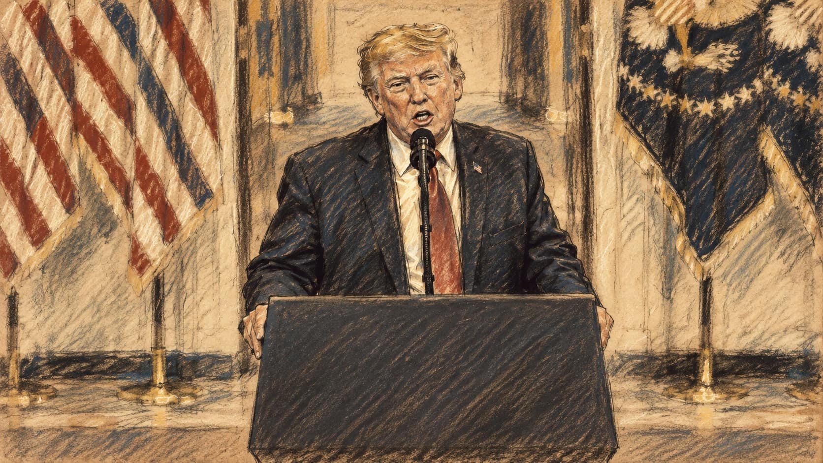 Courtroom-sketch editorial illustration of Donald Trump speaking at a lectern in the White House Cross Hall during an archival April 1, 2026 address; contextual artwork for his reported October 9 Columbus Day remarks.