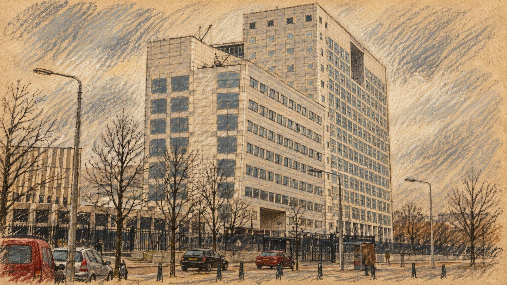 Courtroom-sketch editorial illustration of the International Criminal Court's former temporary premises in The Hague, based on an archival 2006 view.