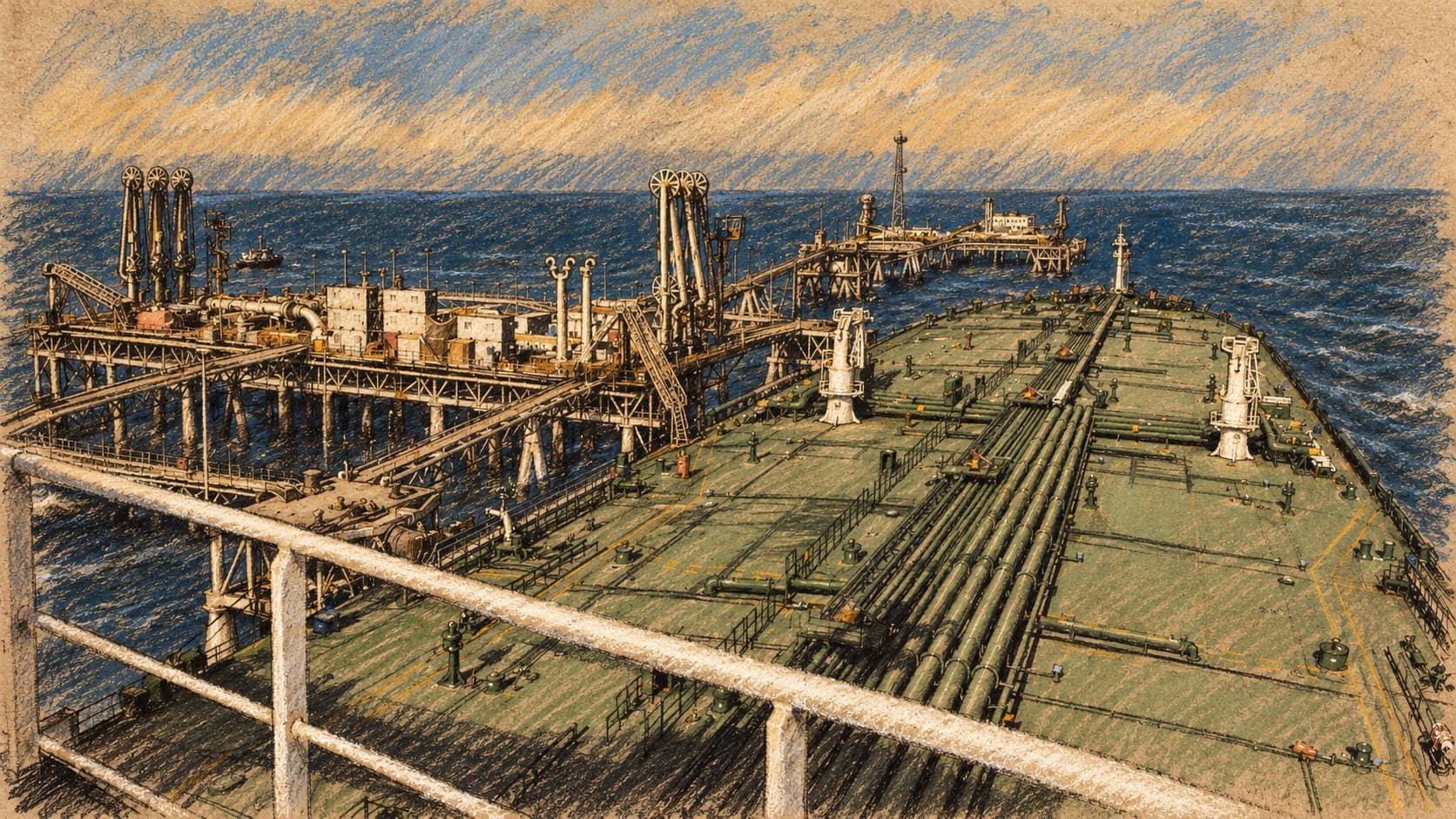 Courtroom-sketch editorial illustration based on an archival 2005 view over an oil-tanker deck beside Iraq’s Al Basrah Oil Terminal, used as context for maritime oil transport; it does not depict any of the newly sanctioned vessels.