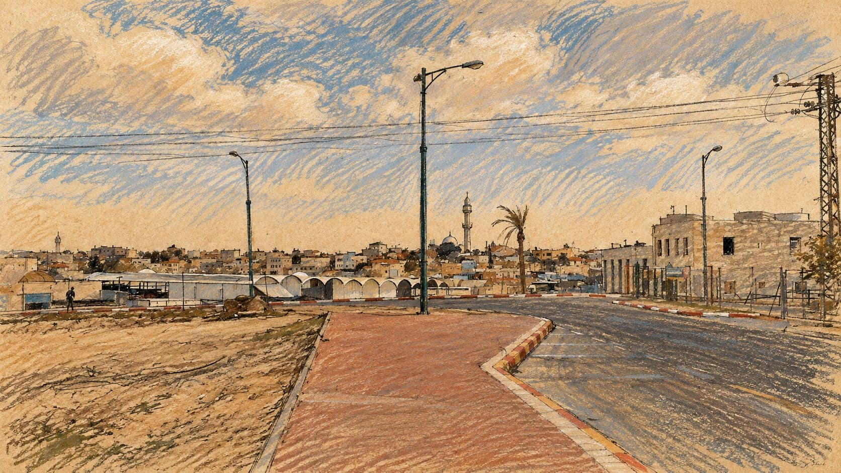 Courtroom-sketch editorial illustration of an archival Rahat streetscape with a road, sidewalk, low-rise buildings, a minaret, palm tree and streetlights; geographic context, not the killing or investigation.