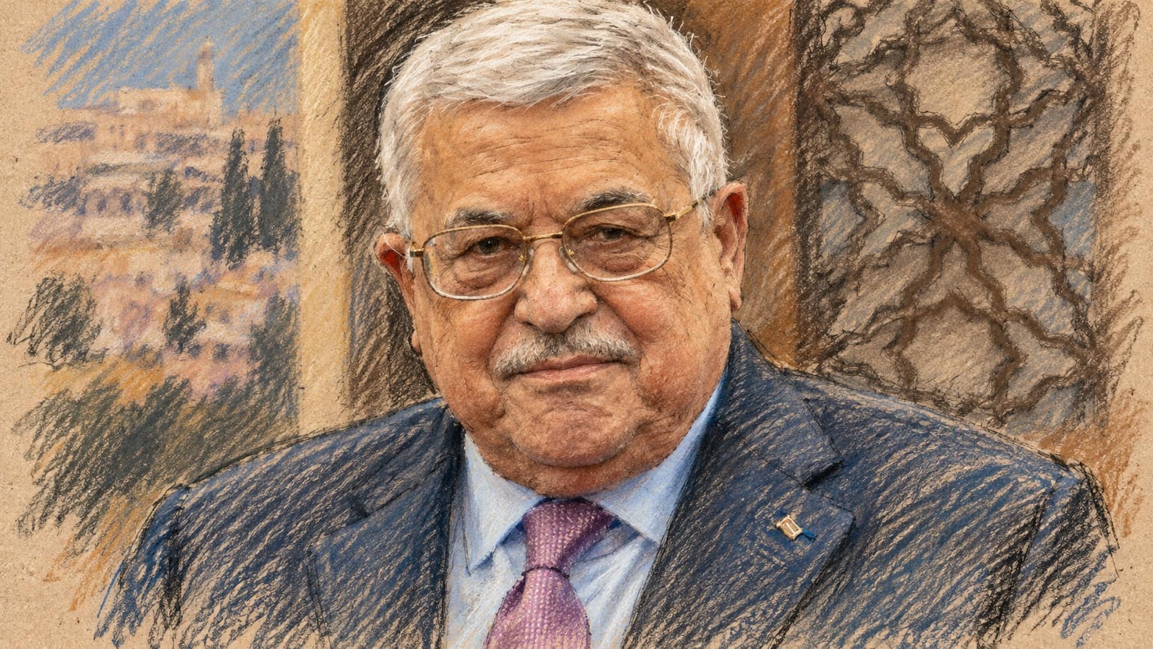 Courtroom-sketch editorial illustration of an archival March 2022 portrait of Mahmoud Abbas in Ramallah, wearing glasses, a dark blue suit and a purple tie before an indoor decorative panel, rendered in warm ochre and slate-blue pastel strokes; contextual portrait, not a depiction of the October 2026 election decree.