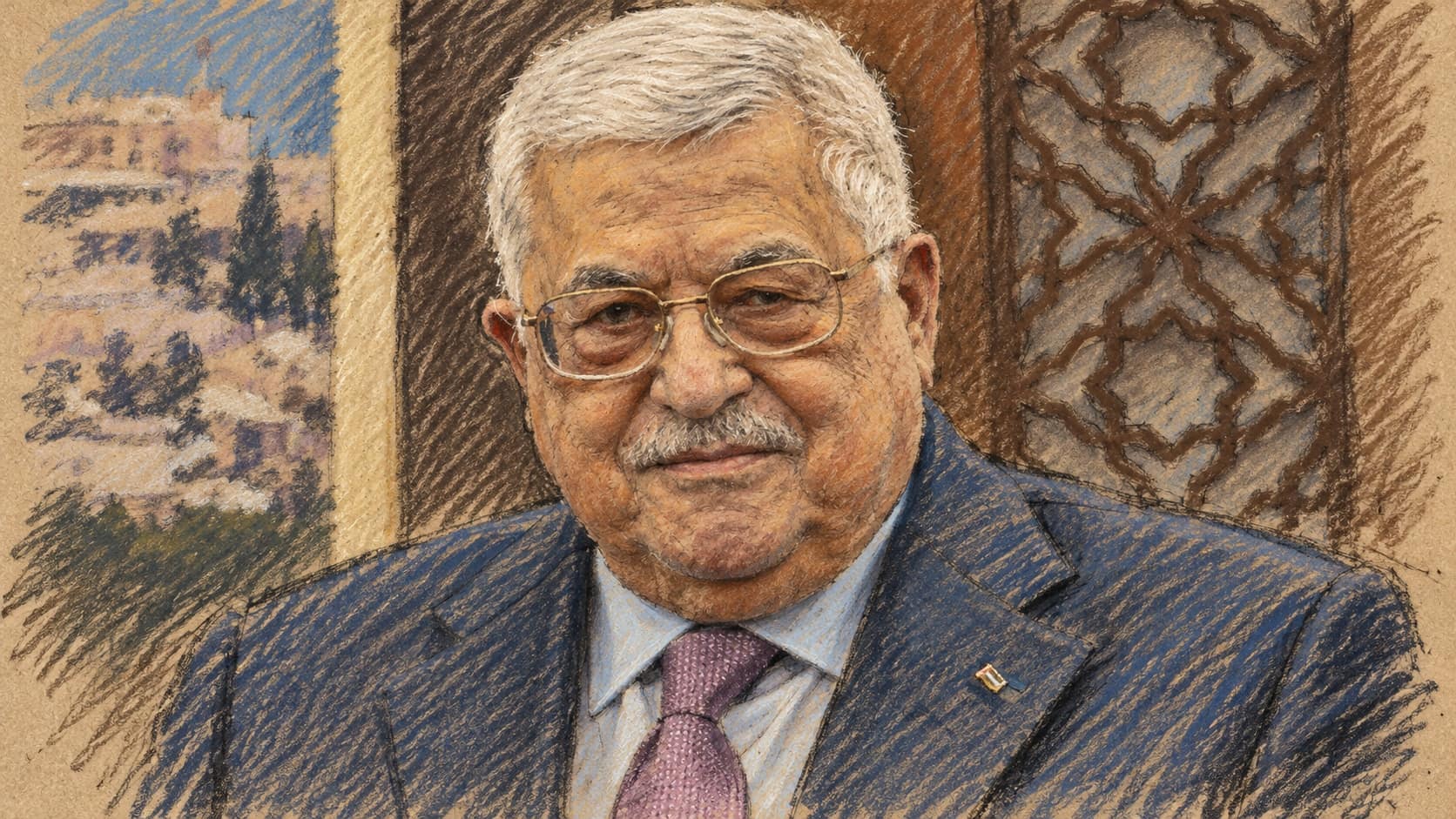 Courtroom-sketch editorial illustration of an archival portrait of Mahmoud Abbas in a dark suit and purple tie, based on a March 2022 photograph