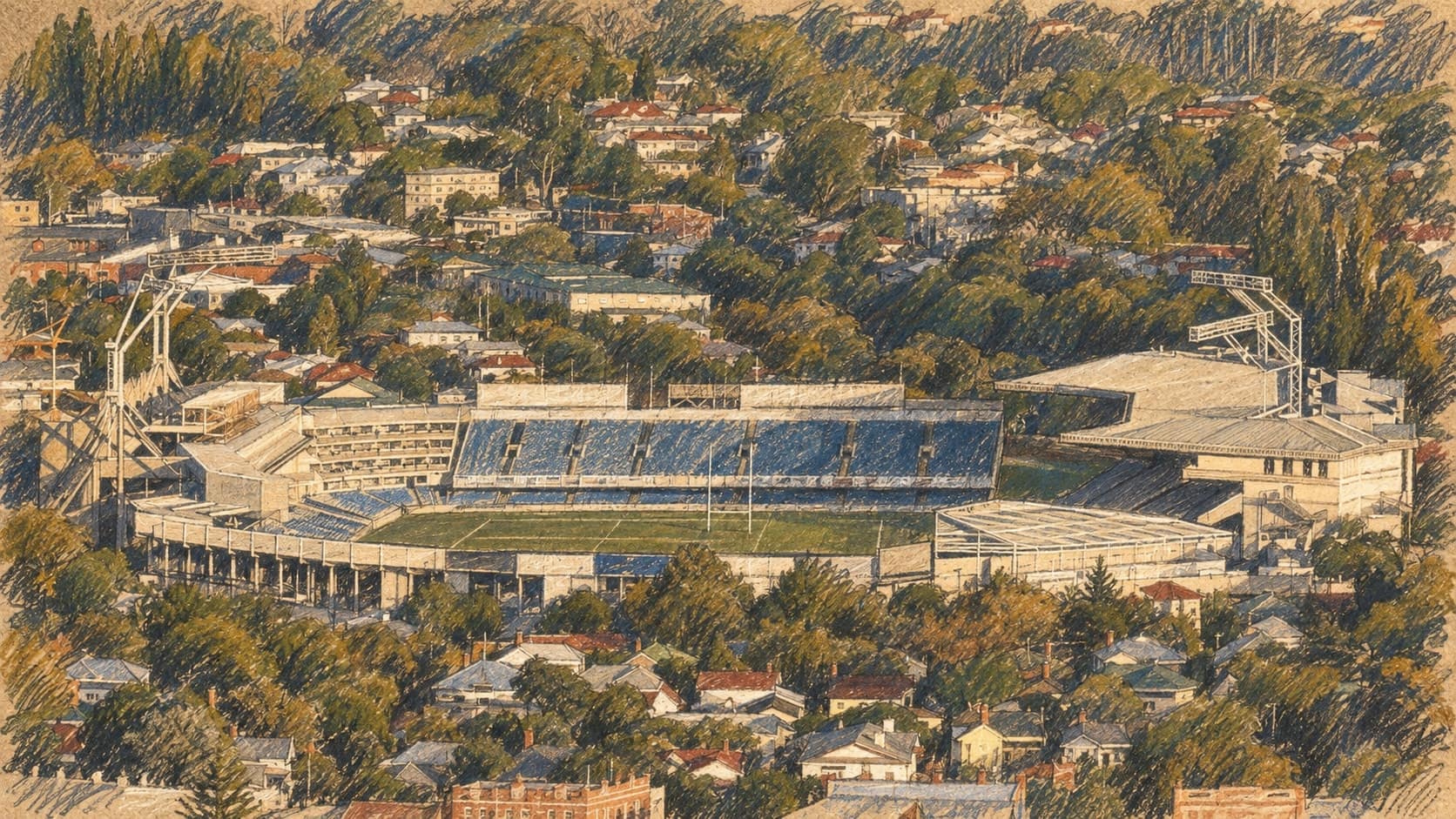 Courtroom-sketch editorial illustration of an archival 2005 elevated view of Eden Park stadium surrounded by Auckland homes and trees, rendered in warm ochre and slate-blue pastel strokes; contextual venue artwork, not the 2026 match.