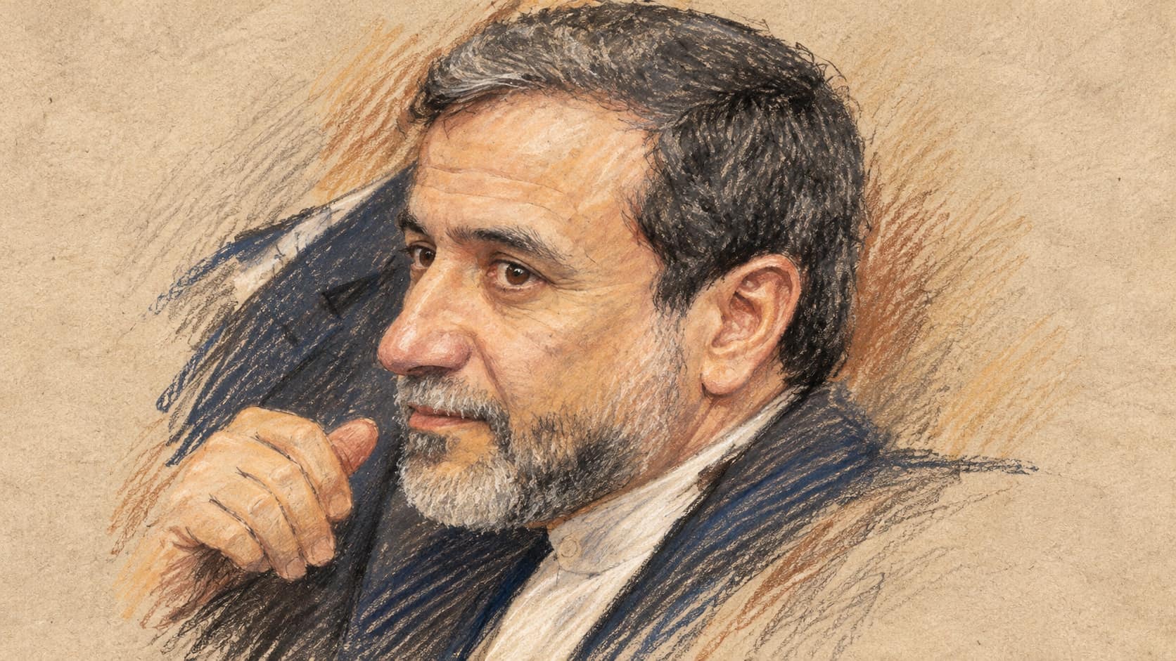 Courtroom-sketch editorial illustration of Abbas Araghchi in an archival portrait, looking left with his hand near his chin