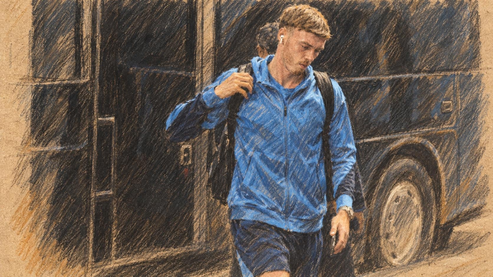 Courtroom-sketch editorial illustration of an archival April 2025 view of Cole Palmer wearing a blue tracksuit and backpack beside a team coach at Craven Cottage; contextual portrait, not a depiction of the October 2026 contract signing, rendered in warm ochre and slate-blue pastel strokes.
